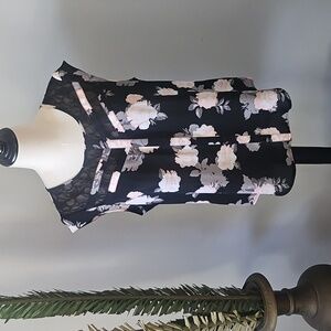 Candie's Black Blouse with Pink, Gray, and White Floral Print and Lace Inserts